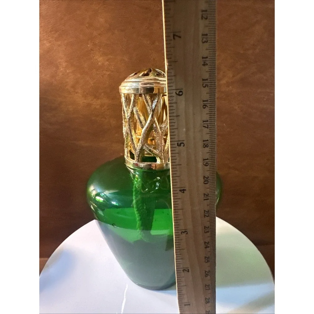 LAMPE EMERALD GREEN GLASS LAMP OIL DIFFUSER BUNER GOLD Top